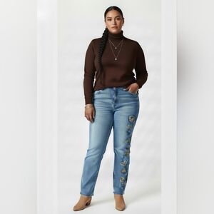 Chico's Skinny Jeans with Brown, Cream, and Black Floral and Leaf Embroidery.